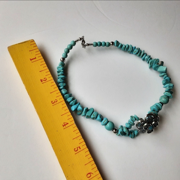 Faux Turquoise Beaded Metal Flower Choker Necklace Bracelet Set Southwestern - Picture 7 of 9